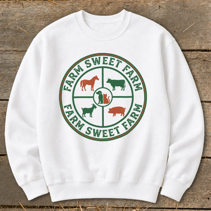 White sweatshirt with a circular farm animal graphic and "Farm Sweet Farm" text.
