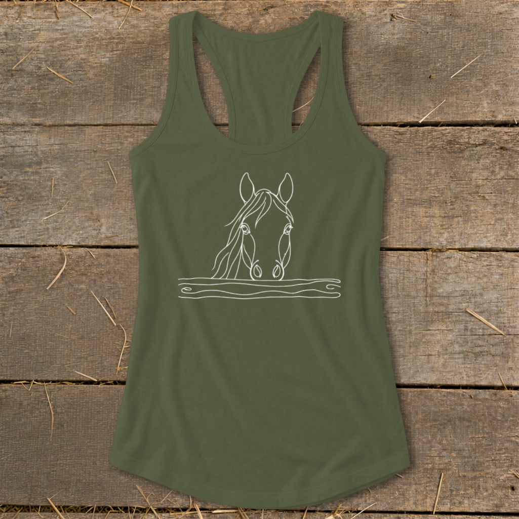 Olive green tank top with white line art of a horse's head above water.