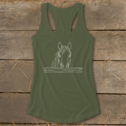 Olive green tank top with white line art of a horse's head above water.