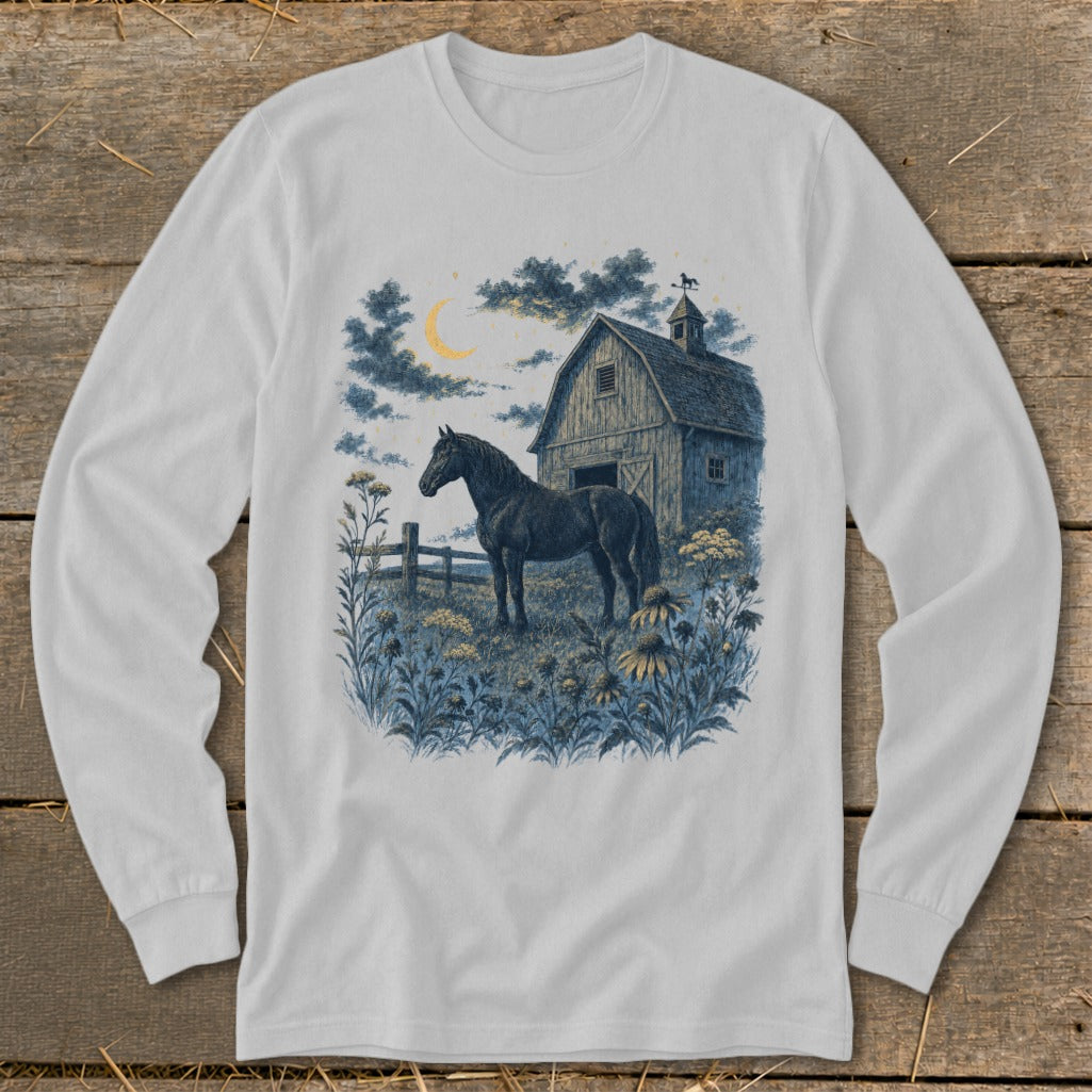 Black horse in a field with a barn under a crescent moon.