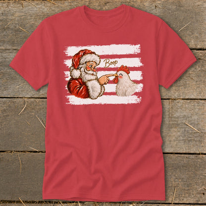 Santa booping a chicken on the nose, with "Boop" text above.