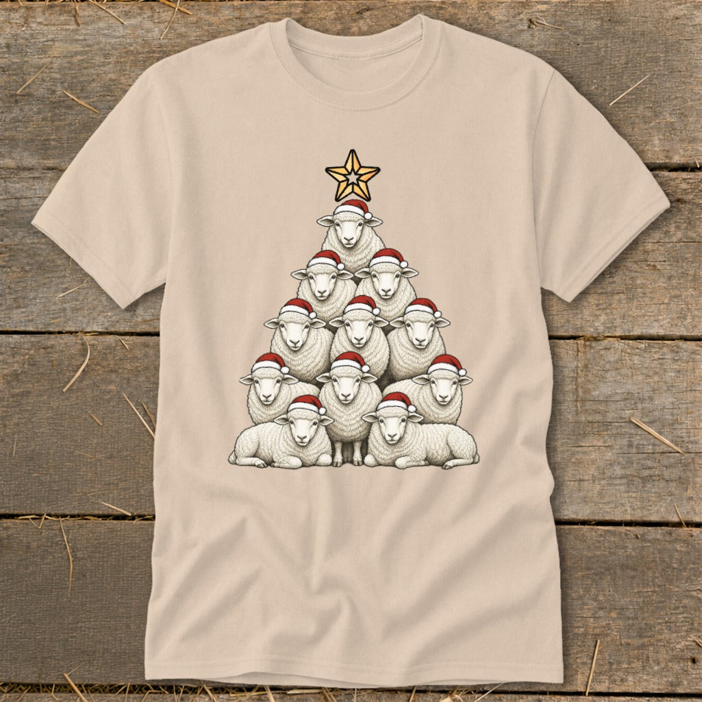 T-shirt with sheep forming a Christmas tree, topped with a star.