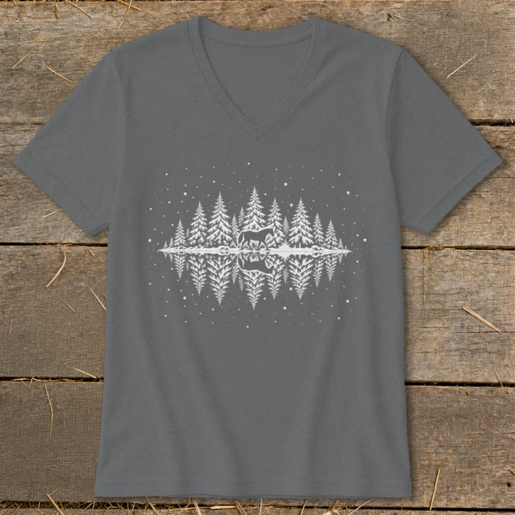 Grey v-neck t-shirt with white pine trees, a horse, and reflection graphic.
