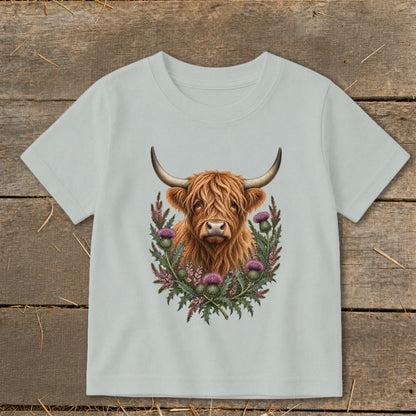 Highland cow illustration surrounded by thistles on a light gray t-shirt.