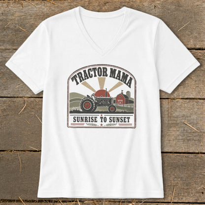 White v-neck t-shirt graphic with tractor, barn, and text "Tractor Mama Sunrise to Sunset".