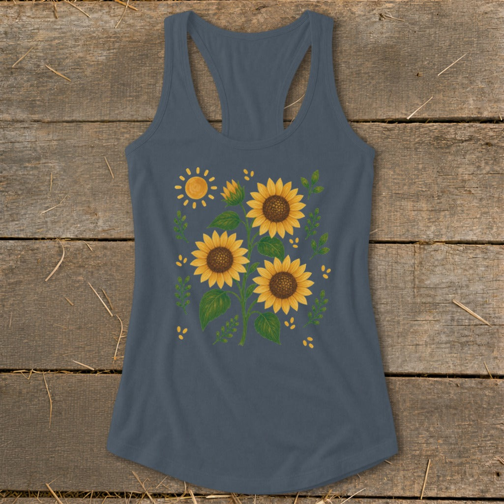 Dark blue racerback tank top with a scattered sunflower and sun graphic print.