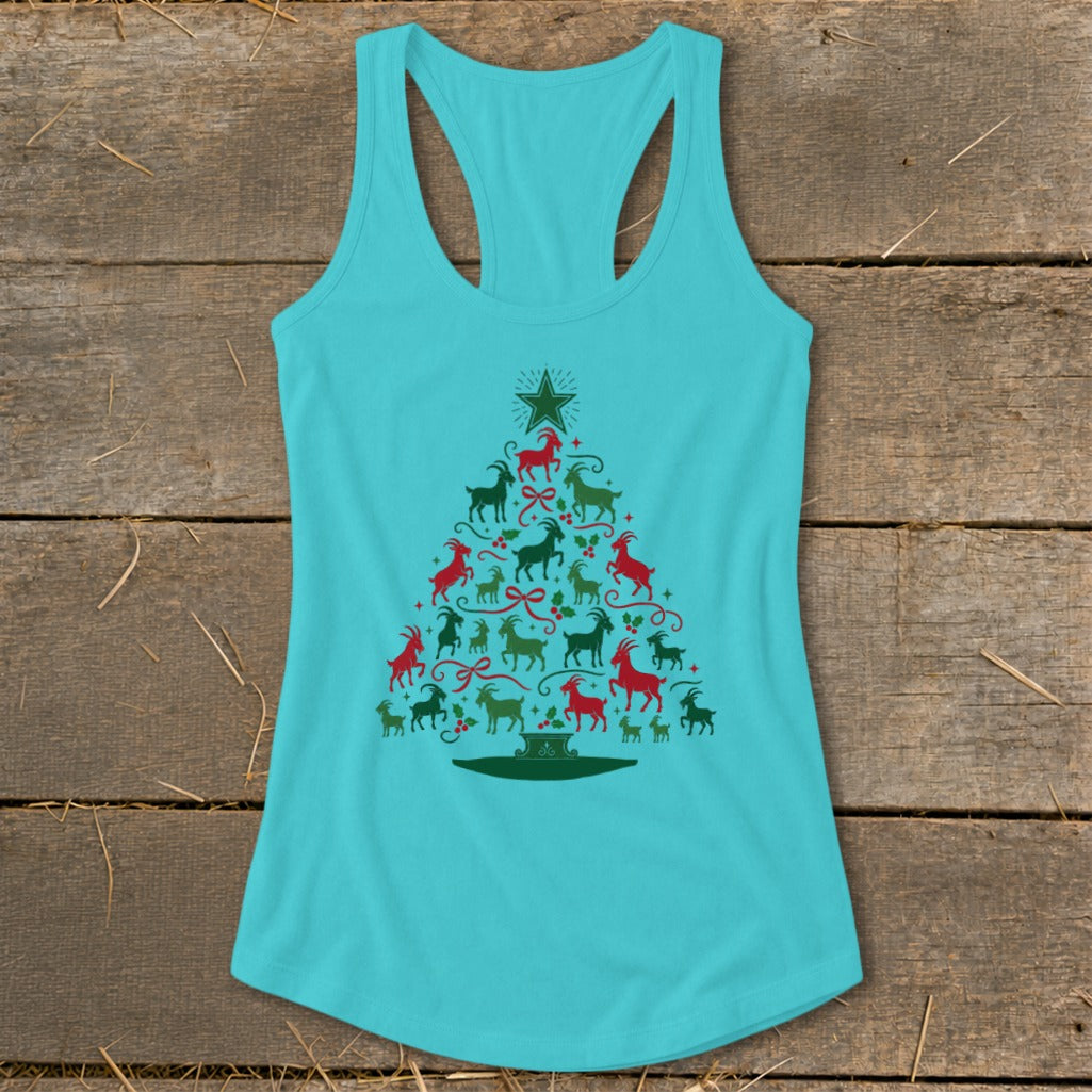 Turquoise tank top with a Christmas tree made of red and green goats.