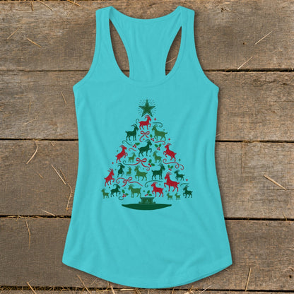 Turquoise tank top with a Christmas tree made of red and green goats.