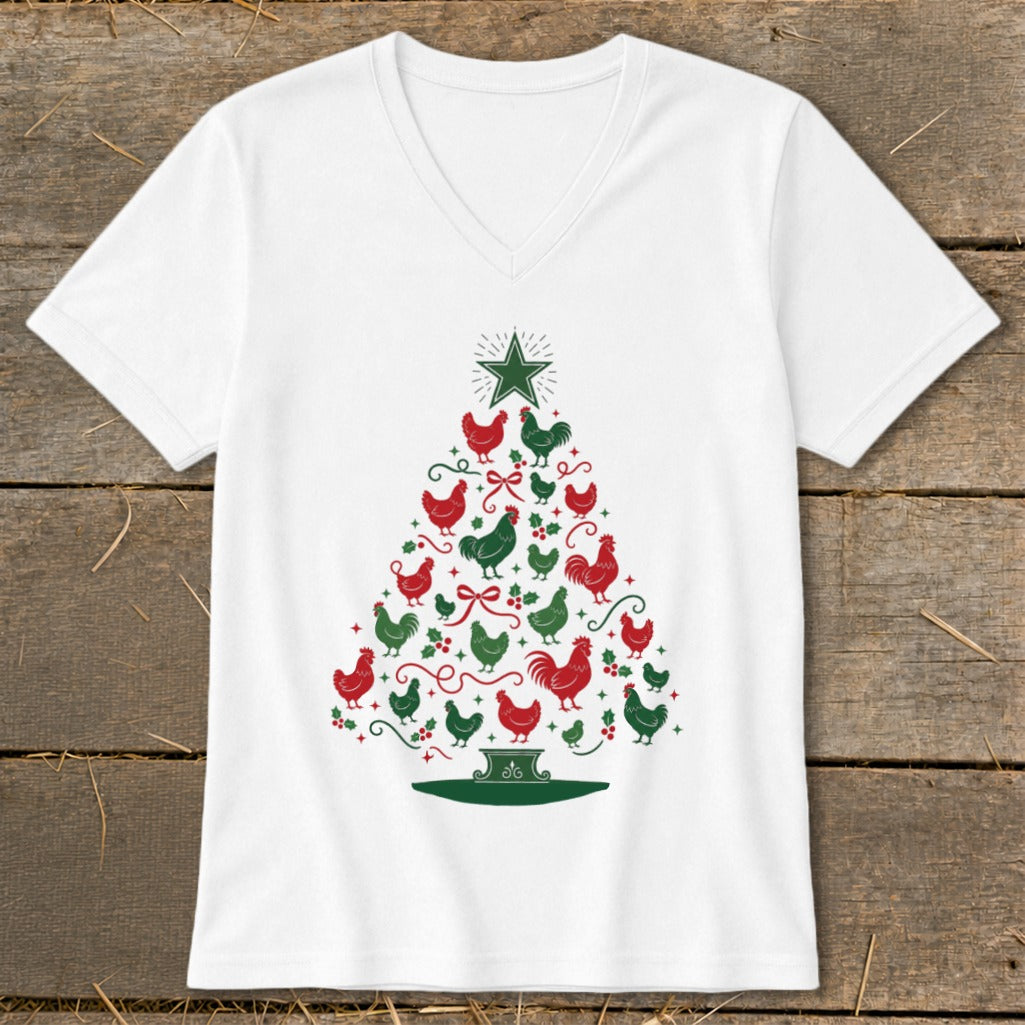 White v-neck shirt with a Christmas tree design made of red and green chickens.