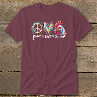 Maroon t-shirt with peace, heart, and chicken graphic and text.