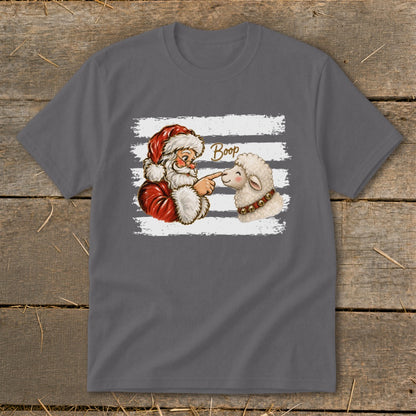 Santa booping a sheep with the word "Boop" on a grey t-shirt.