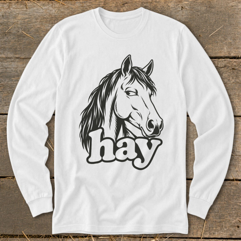 White long-sleeve shirt with horse head graphic and the word "hay".