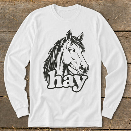 White long-sleeve shirt with horse head graphic and the word "hay".