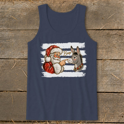 Santa booping a donkey with the word "Boop" on a navy blue tank top.