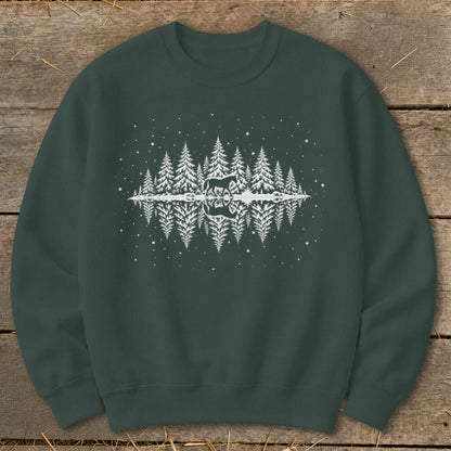 Dark green sweatshirt with white silhouette of horse and pine trees reflected in water.
