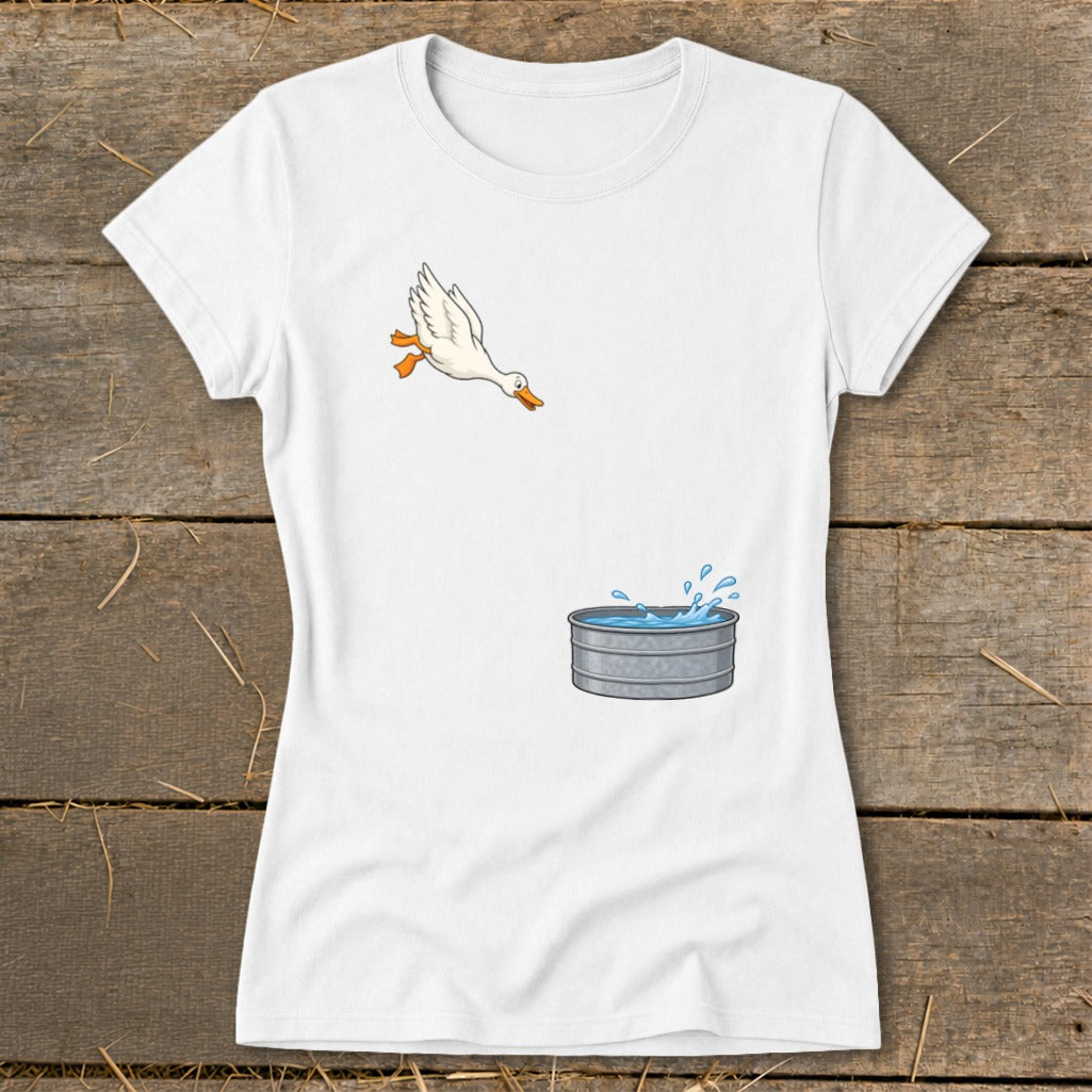 White t-shirt with illustration of a duck jumping into a galvanized tub of water.