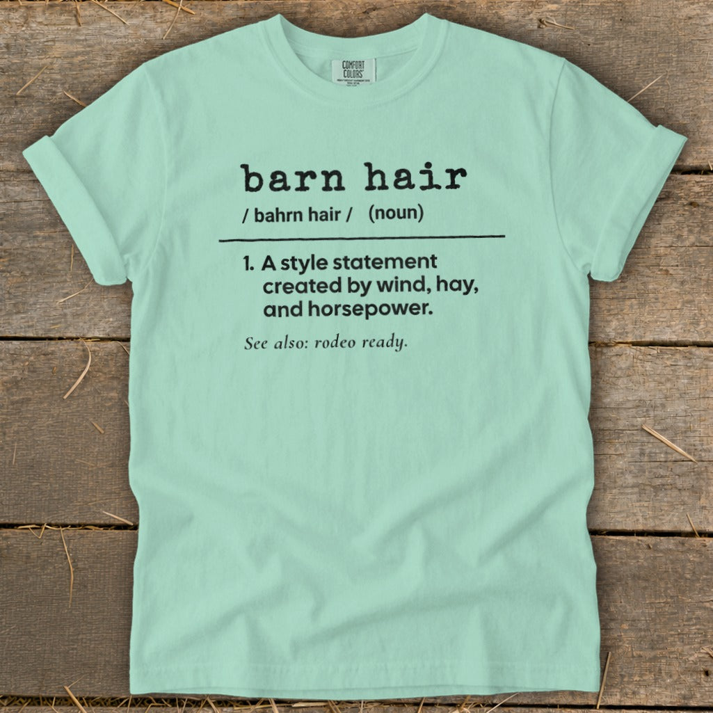 Light mint green t-shirt with "barn hair" dictionary definition and "rodeo ready" text.