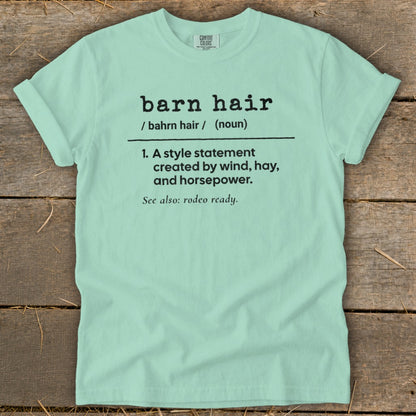 Light mint green t-shirt with "barn hair" dictionary definition and "rodeo ready" text.
