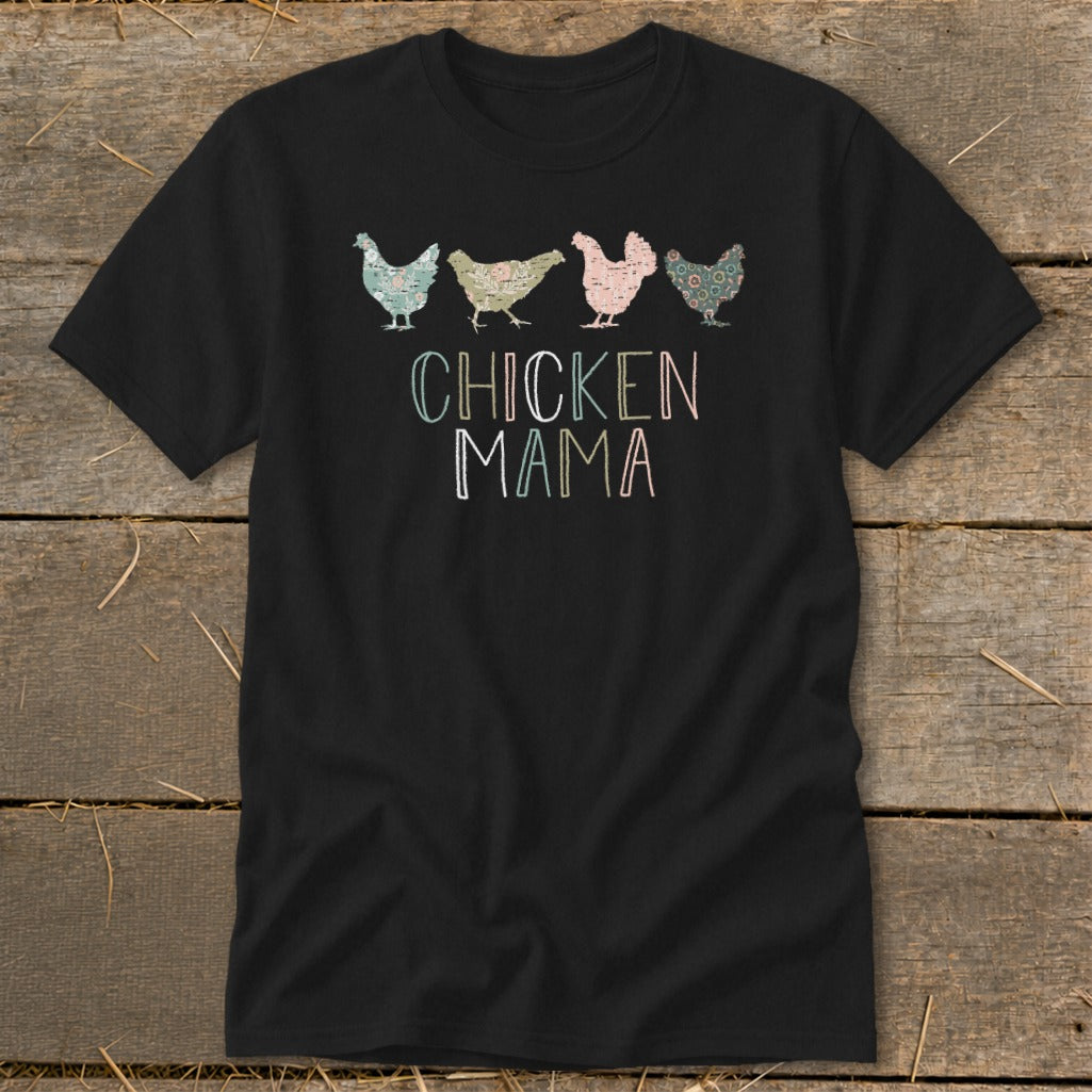 Black t-shirt with "Chicken Mama" text and four decorative chickens across the top.