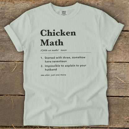 Light green t-shirt with "Chicken Math" definition and Comfort Colors logo.