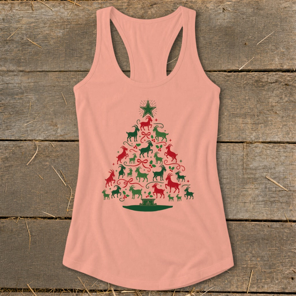 Peach tank top with a Christmas tree made of red and green goats.