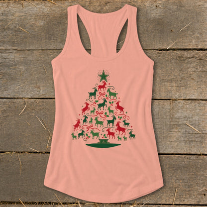Peach tank top with a Christmas tree made of red and green goats.