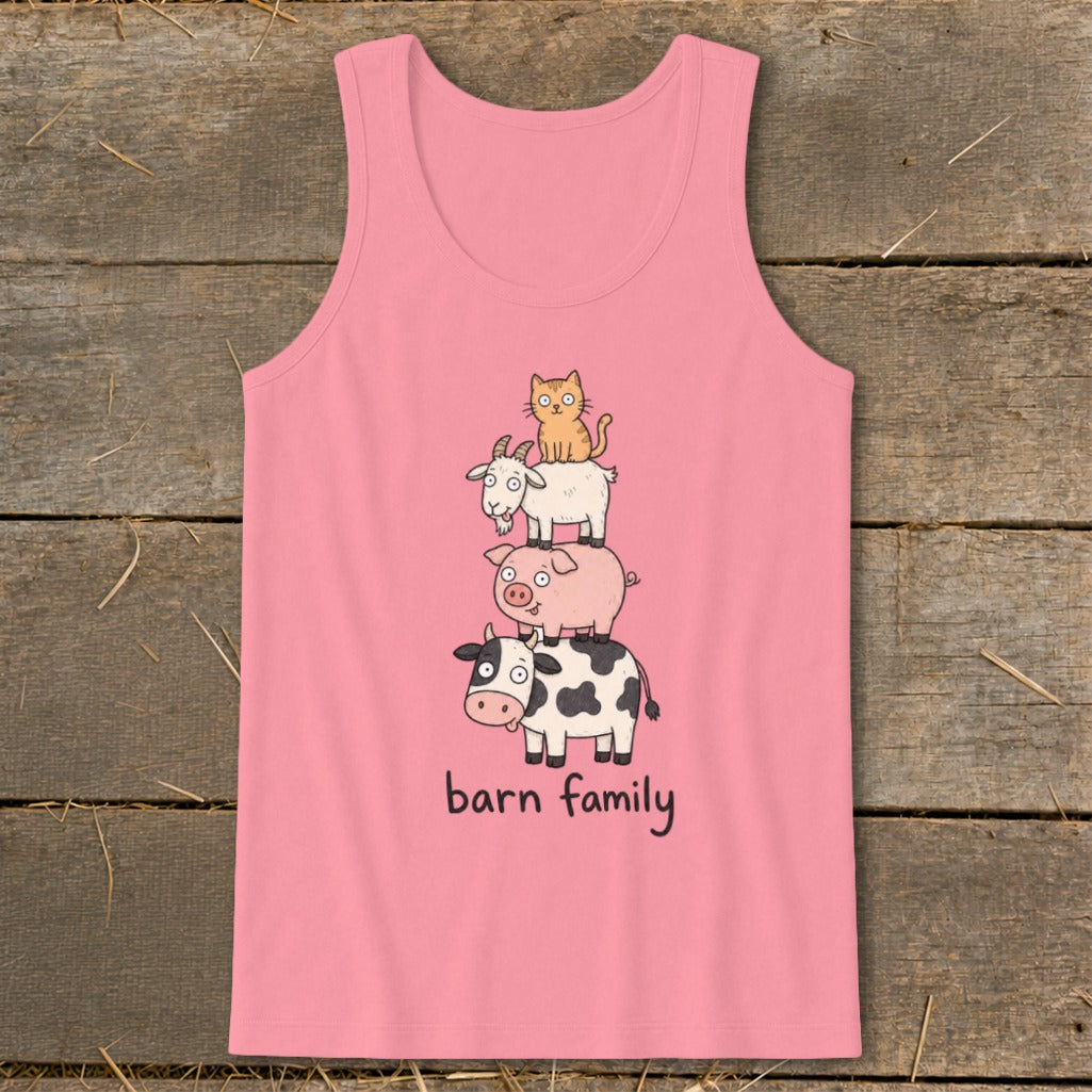 Pink tank top with stacked cartoon cow, pig, goat, and cat, with "barn family" text.