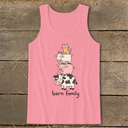 Pink tank top with stacked cartoon cow, pig, goat, and cat, with "barn family" text.