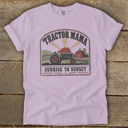 Tractor Mama graphic with a tractor, barn, and sun, reads "Sunrise to Sunset."