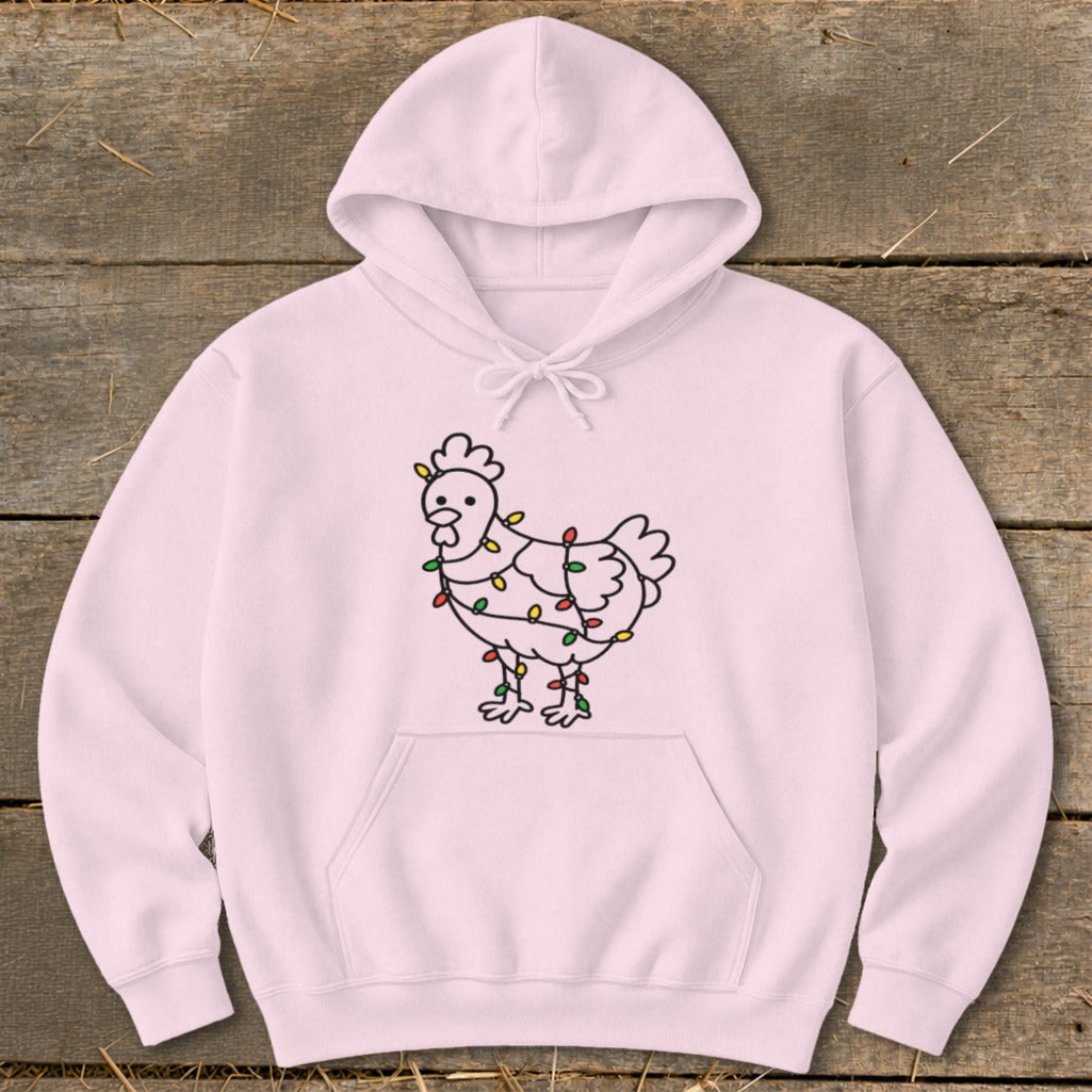 Pink hoodie with a black line drawing of a chicken wrapped in colorful Christmas lights.