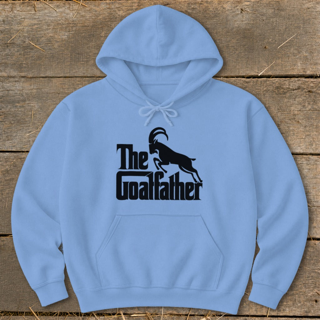 Light blue hoodie with black "The Goatfather" text and goat silhouette graphic.