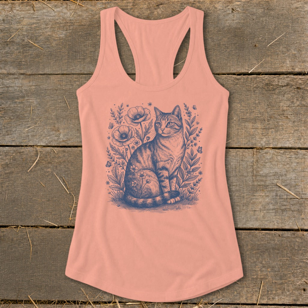 Peach tank top with a blue line drawing of a tabby cat among flowers.