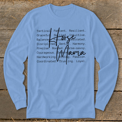 Light blue long-sleeve shirt with "Horse Mama" and descriptive words for riders.