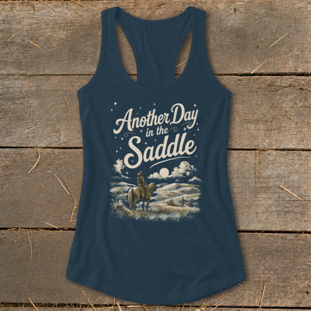 Navy tank top with "Another Day in the Saddle" text and horse rider illustration.