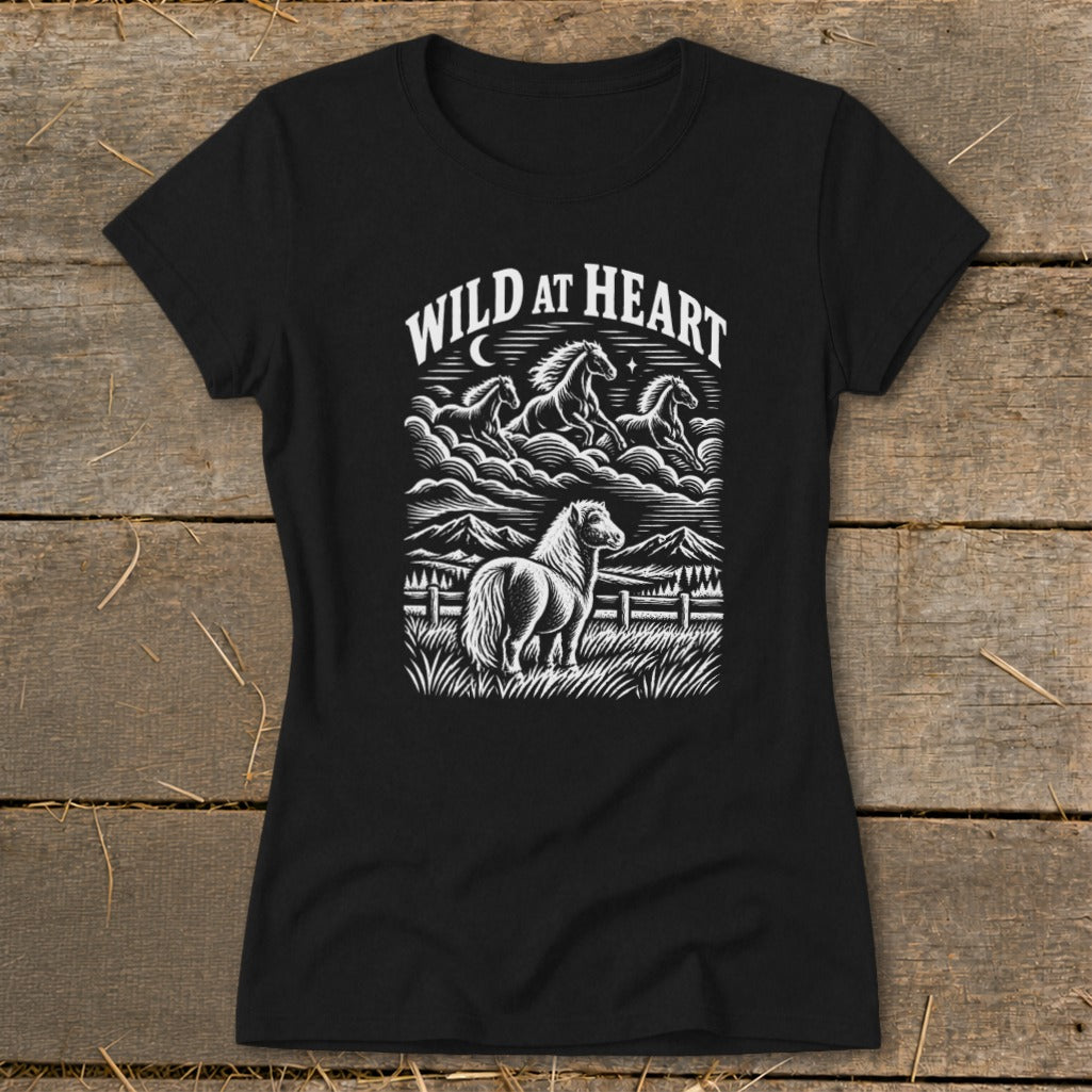Black t-shirt with "Wild at Heart" text above horses and a pony illustration.