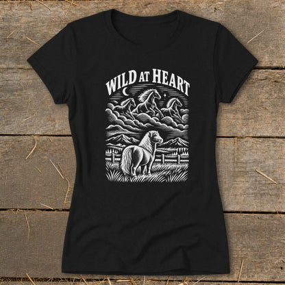 Black t-shirt with "Wild at Heart" text above horses and a pony illustration.