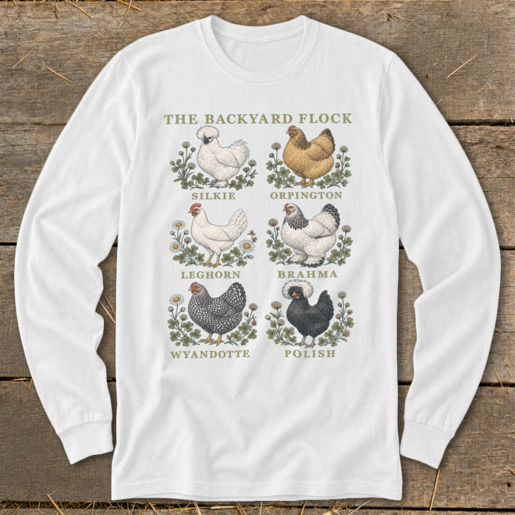 White long-sleeve shirt with "The Backyard Flock" and illustrations of six chicken breeds.