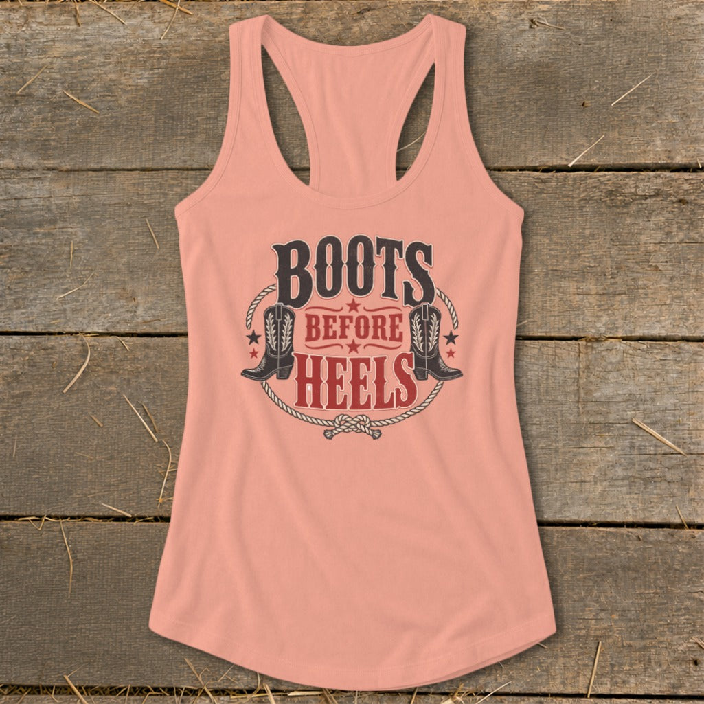 Peach tank top with "Boots Before Heels" text and cowboy boot graphics.
