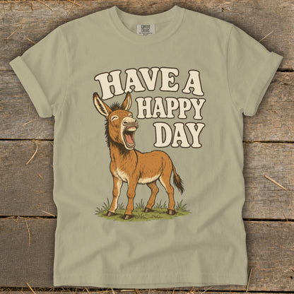 T-shirt with a cartoon donkey and the text "HAVE A HAPPY DAY".