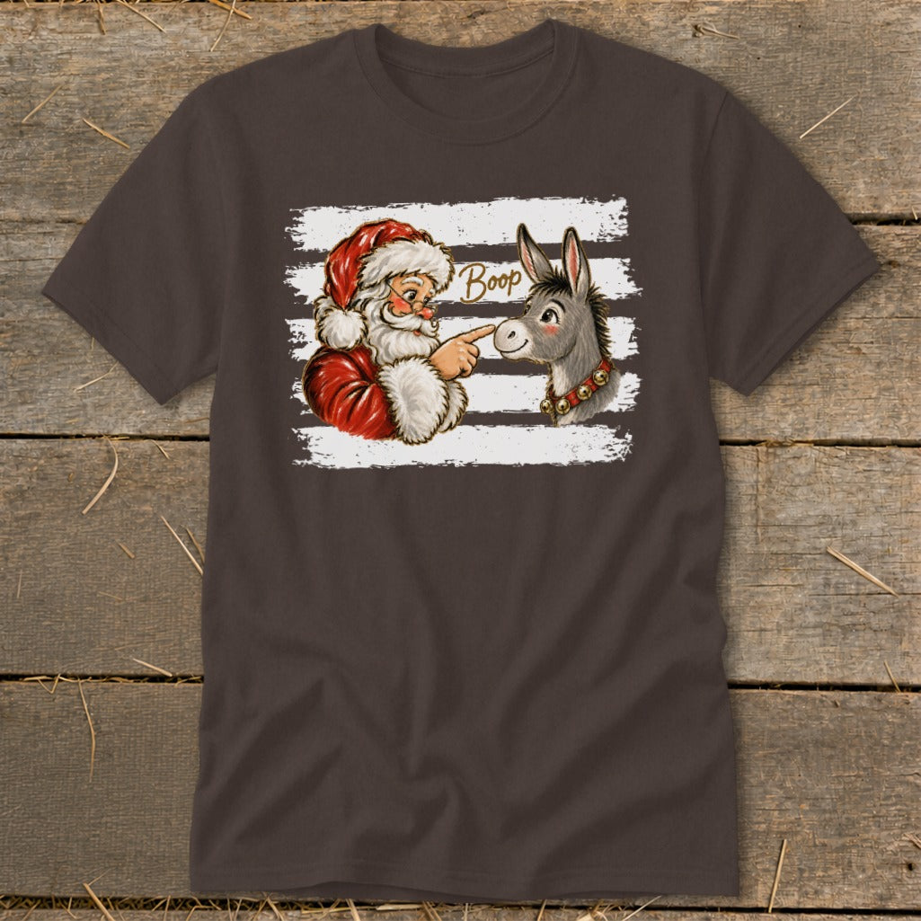 Santa booping a donkey with the text "Boop" on a graphic tee.