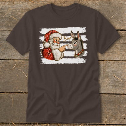 Santa booping a donkey with the text "Boop" on a graphic tee.