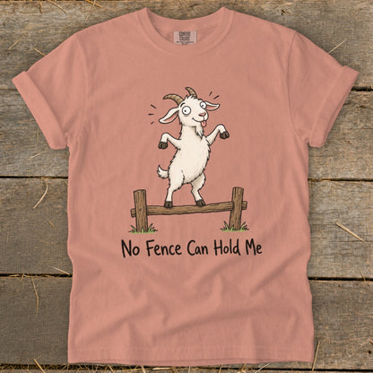 White goat on a fence with text "No Fence Can Hold Me" on a pink t-shirt.
