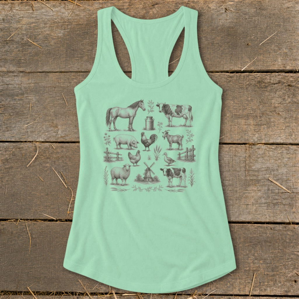 Mint green tank top with vintage farm animal illustrations in charcoal.