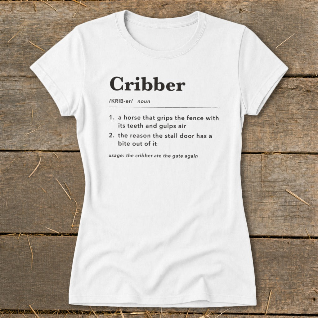 White t-shirt with a humorous dictionary definition of the word cribber printed on the front.