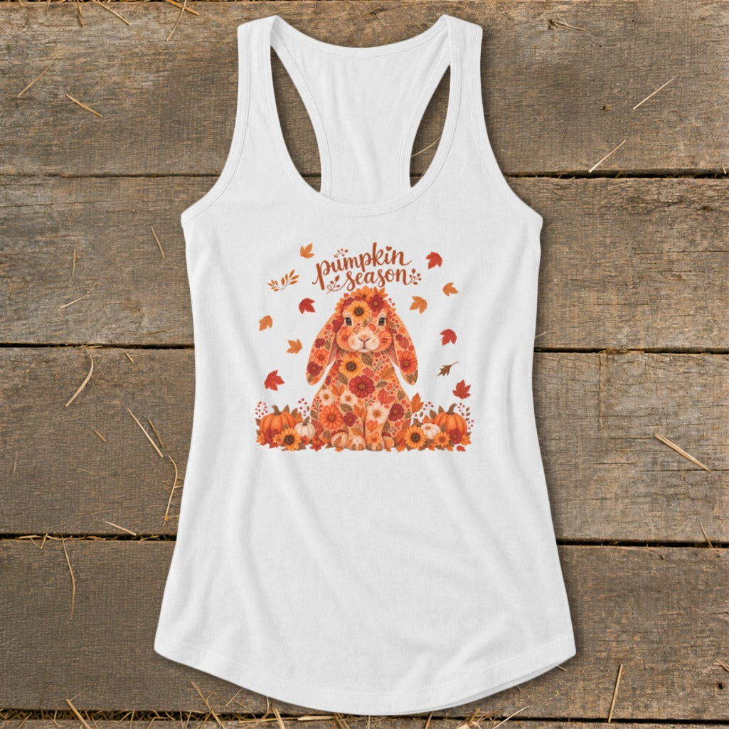 White tank top with floral bunny, pumpkins, and "Pumpkin Season" text.