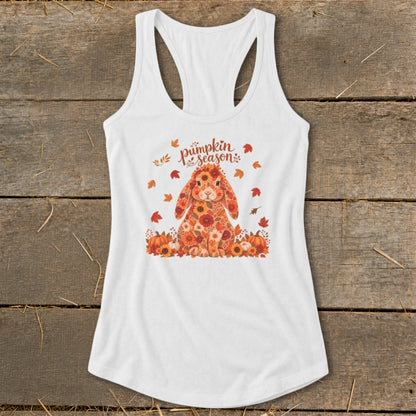 White tank top with floral bunny, pumpkins, and "Pumpkin Season" text.