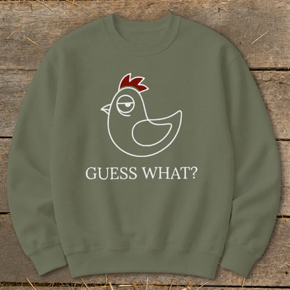 Green sweatshirt with a cartoon chicken and text that says "GUESS WHAT?"