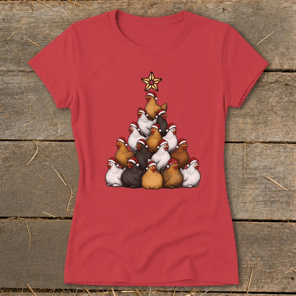 Red t-shirt with a Christmas tree made of chickens wearing Santa hats.