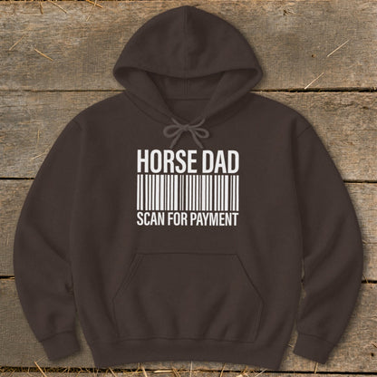 Brown hoodie with "HORSE DAD SCAN FOR PAYMENT" text and barcode graphic.