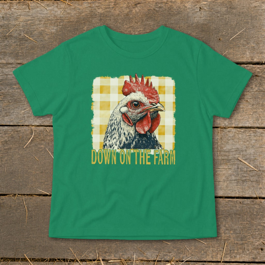 Green t-shirt with a chicken graphic and text "DOWN ON THE FARM".
